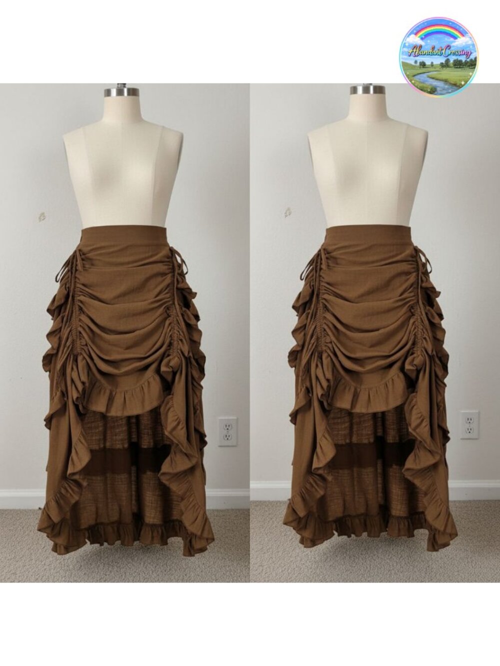 Renaissance Skirt Steampunk High-Low Ruffle Drawstring Cotton Linen Maxi